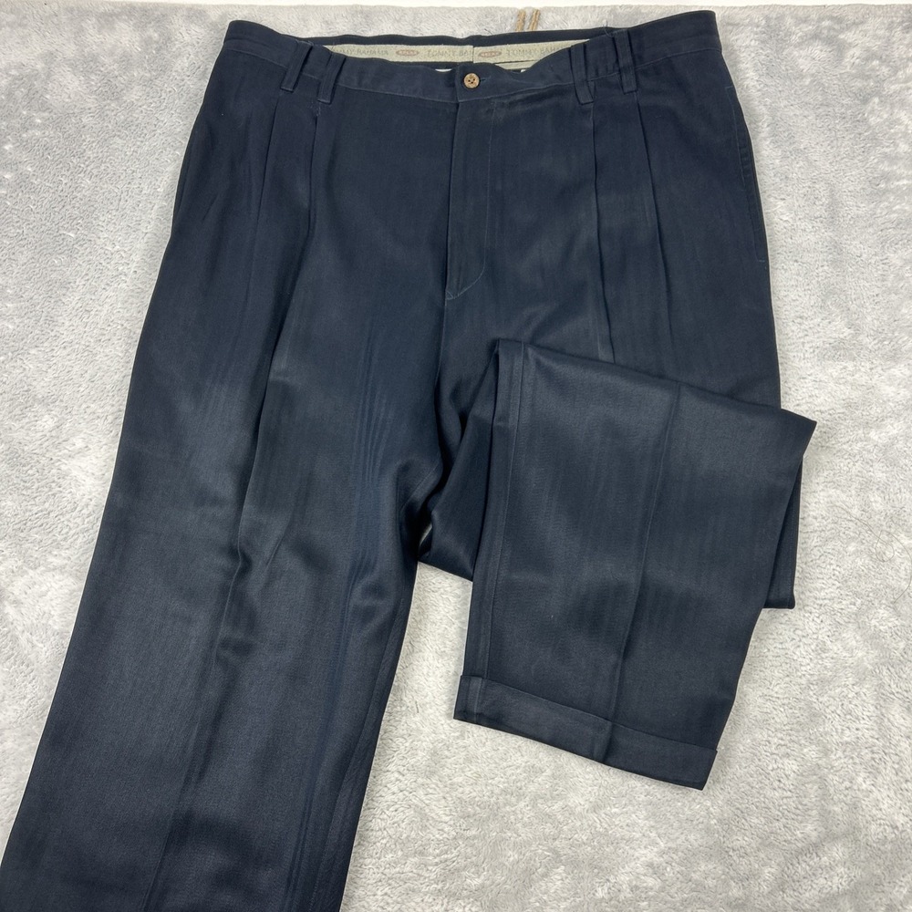 Tommy Bahama Mens 40x30 Dress Pants Silk Dbl Pleats Cuffed Navy Blue Textured
